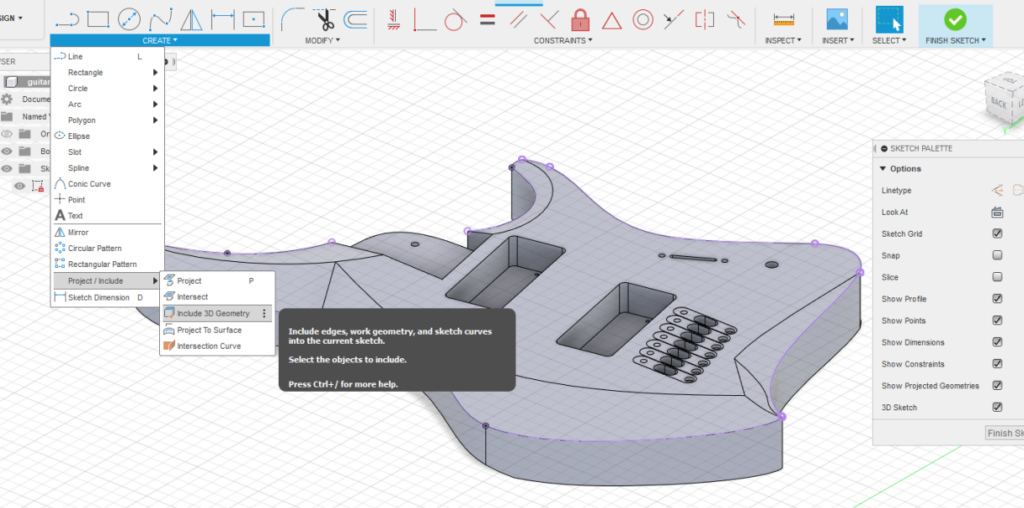 03. In Fusion 360, if we go back to the Design tab, add a 3D Sketch, and project the splines that I want to be chamfered, then the Trace toolpath will actually function properly.